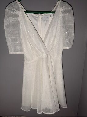 One33 White Mini shiny sequin party Dress with Puff Sleeves